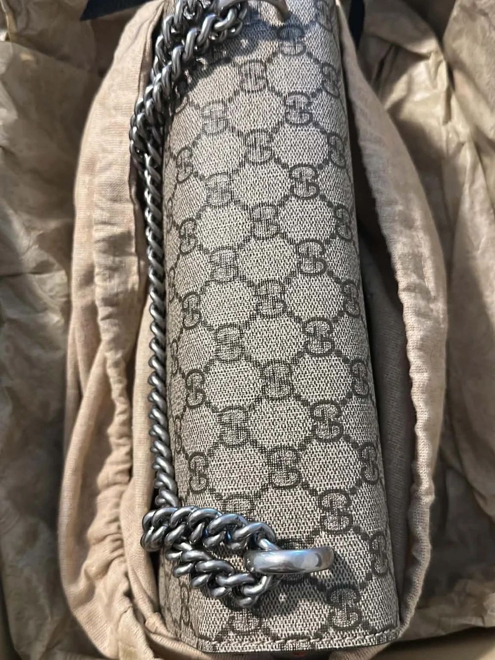 Gucci Dionysus GG Supreme Shoulder Bag in Beige and Red Suede